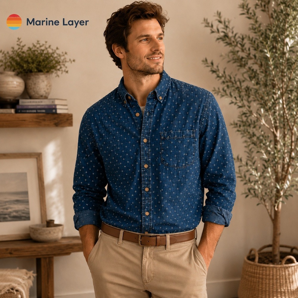 Marine Layer Blue Diamond Print Cotton Denim Button Down Shirt Size Medium
